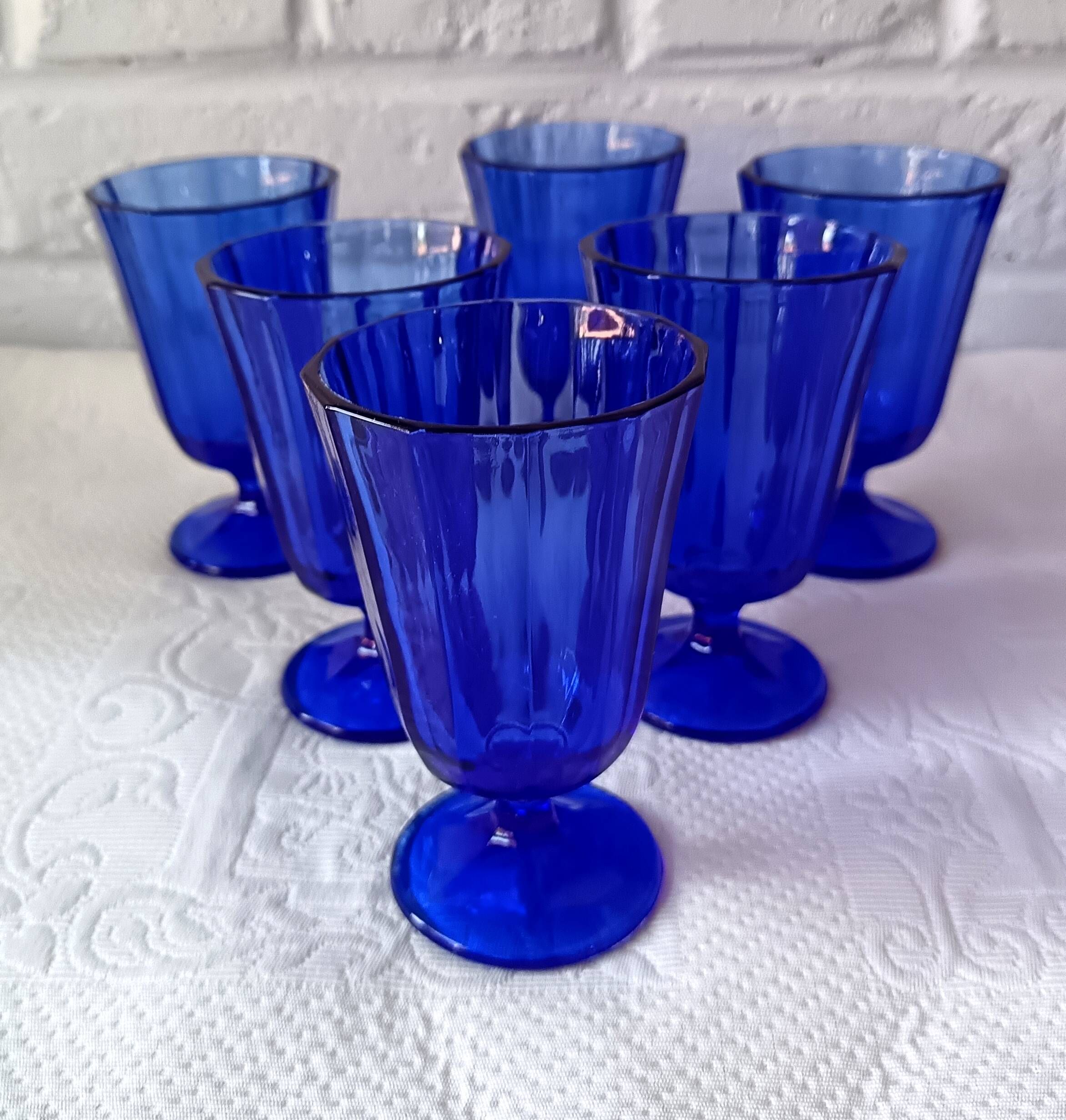 6 vintage footed glasses in cobalt blue coloured glass from Portugal