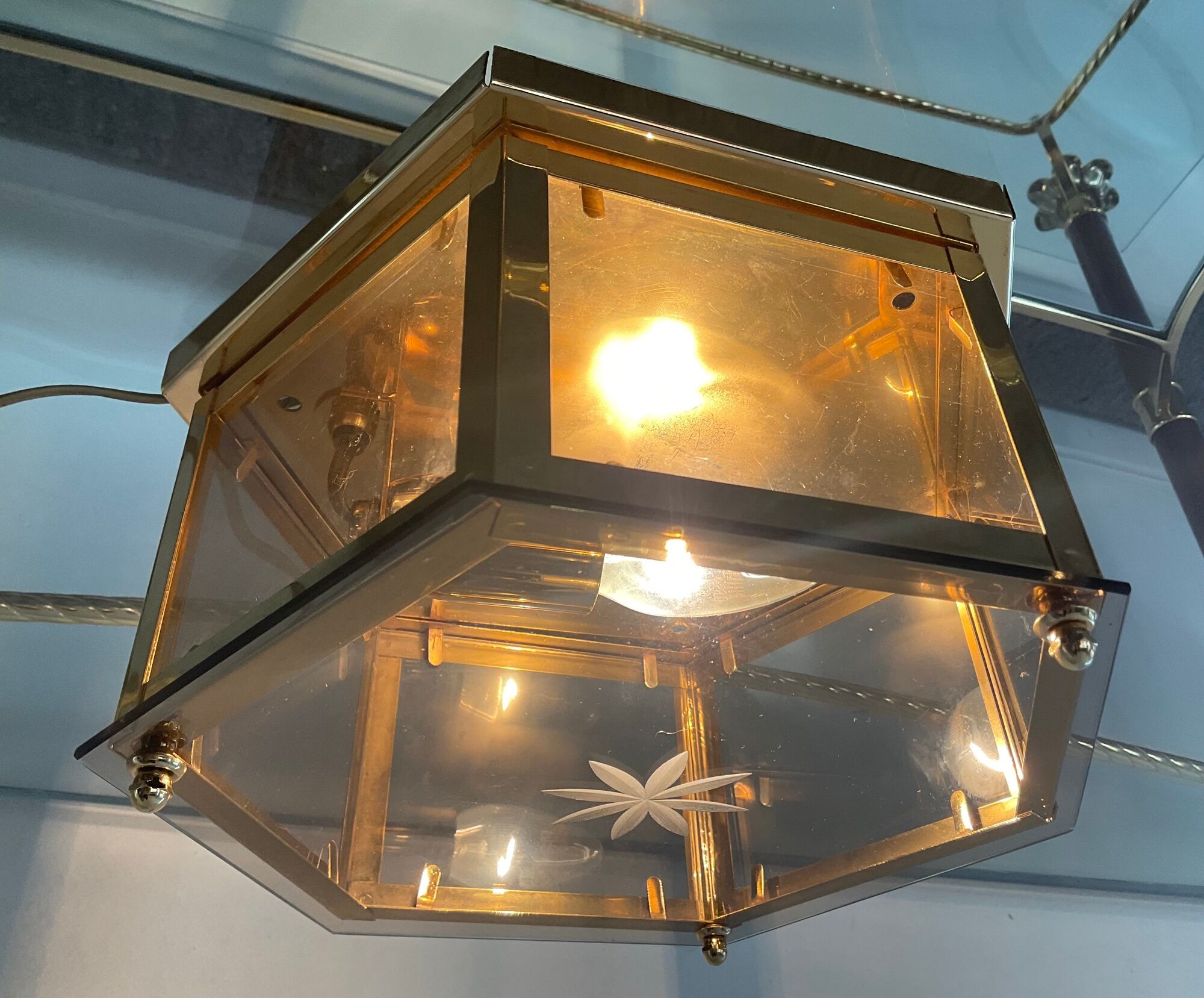 Vintage ceiling lamp in brass and smoked glass