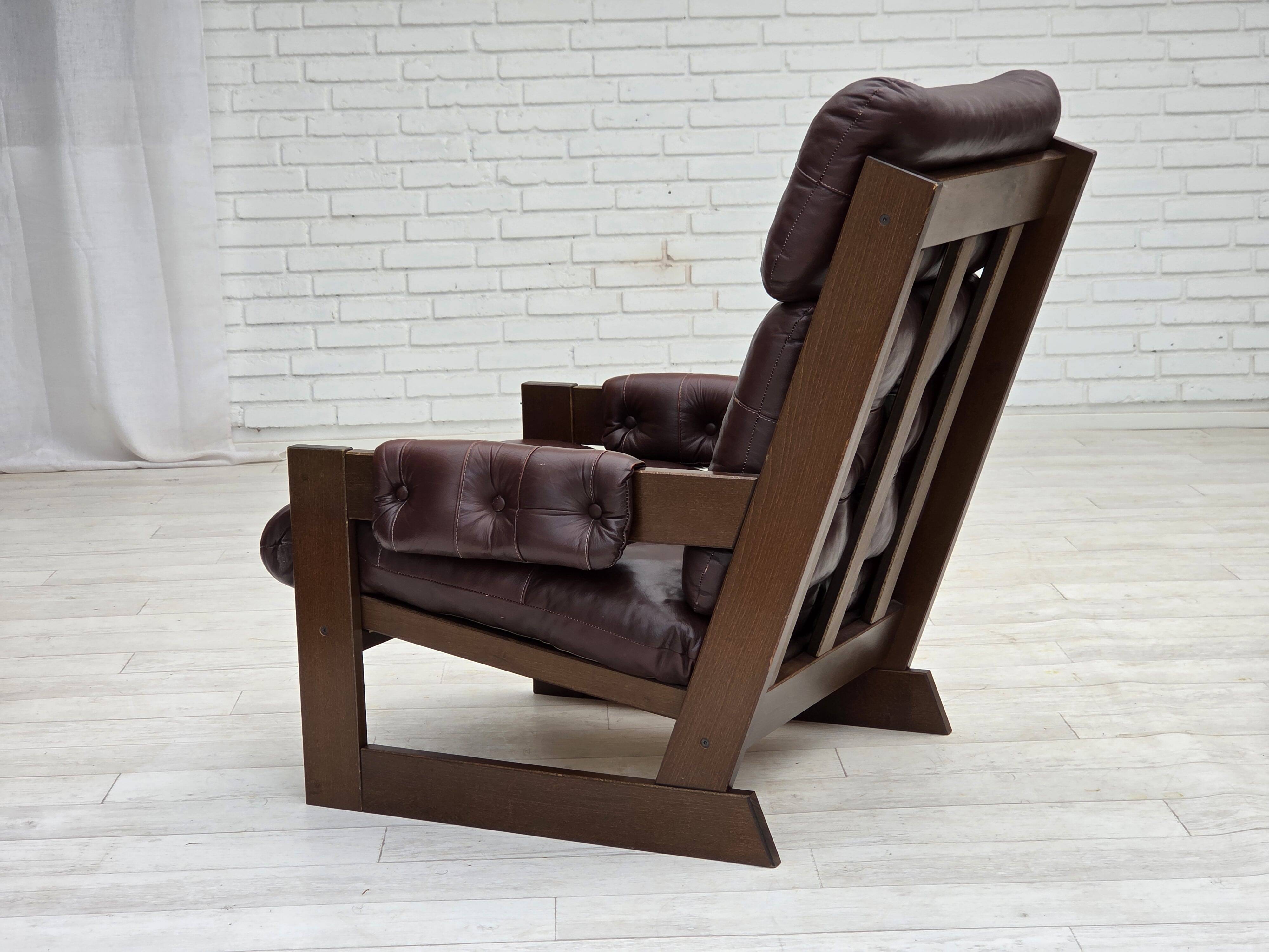 1970s, Scandinavian highback armchair, brown furniture leather, dark beech.