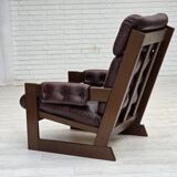 1970s, Scandinavian highback armchair, brown furniture leather, dark beech.