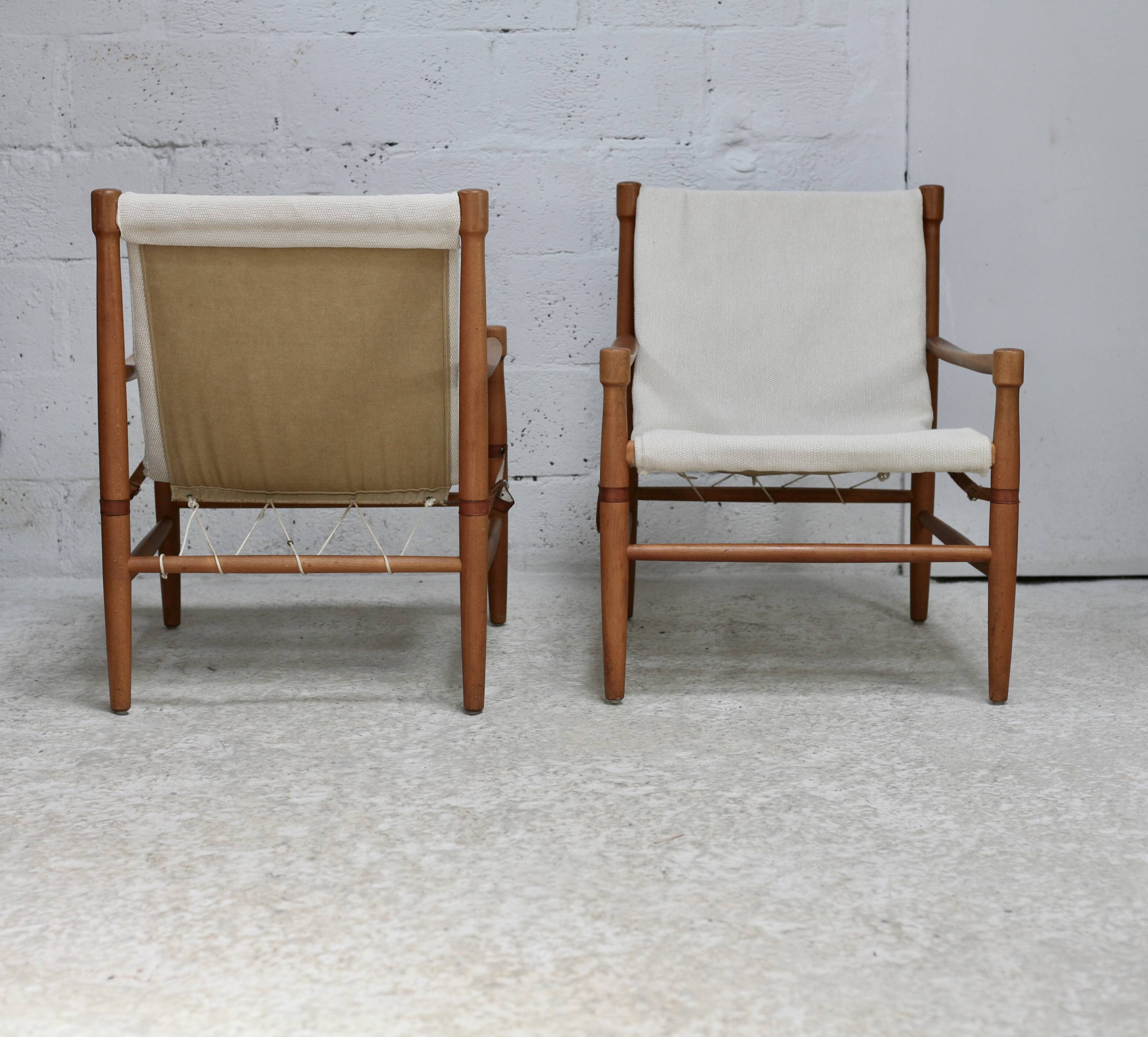 Olav Hodnebo, Suède, Circa 1960: paire de fauteuils scandinaves, toile, bois, corde et cuir.