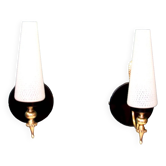 Pair of brass wall lights and speckled white glass tulips LAMP-6019