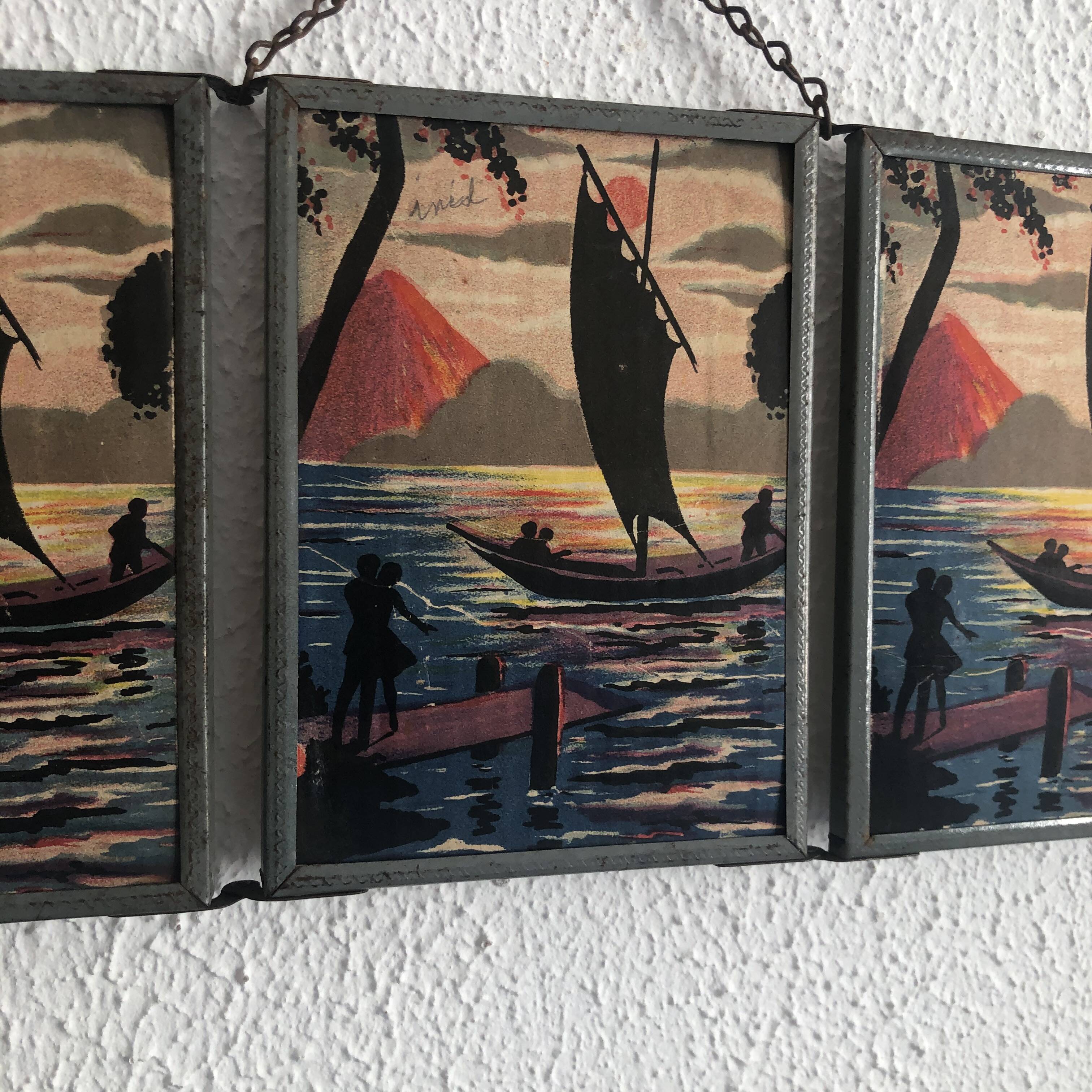 Vintage 1940s triptych mirror barber hairdresser boat sea - 16 x 37 cm