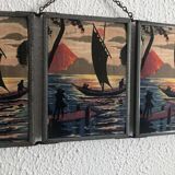 Miroir vintage 1940 triptyque barbier coiffeur bateau mer - 16 x 37 cm