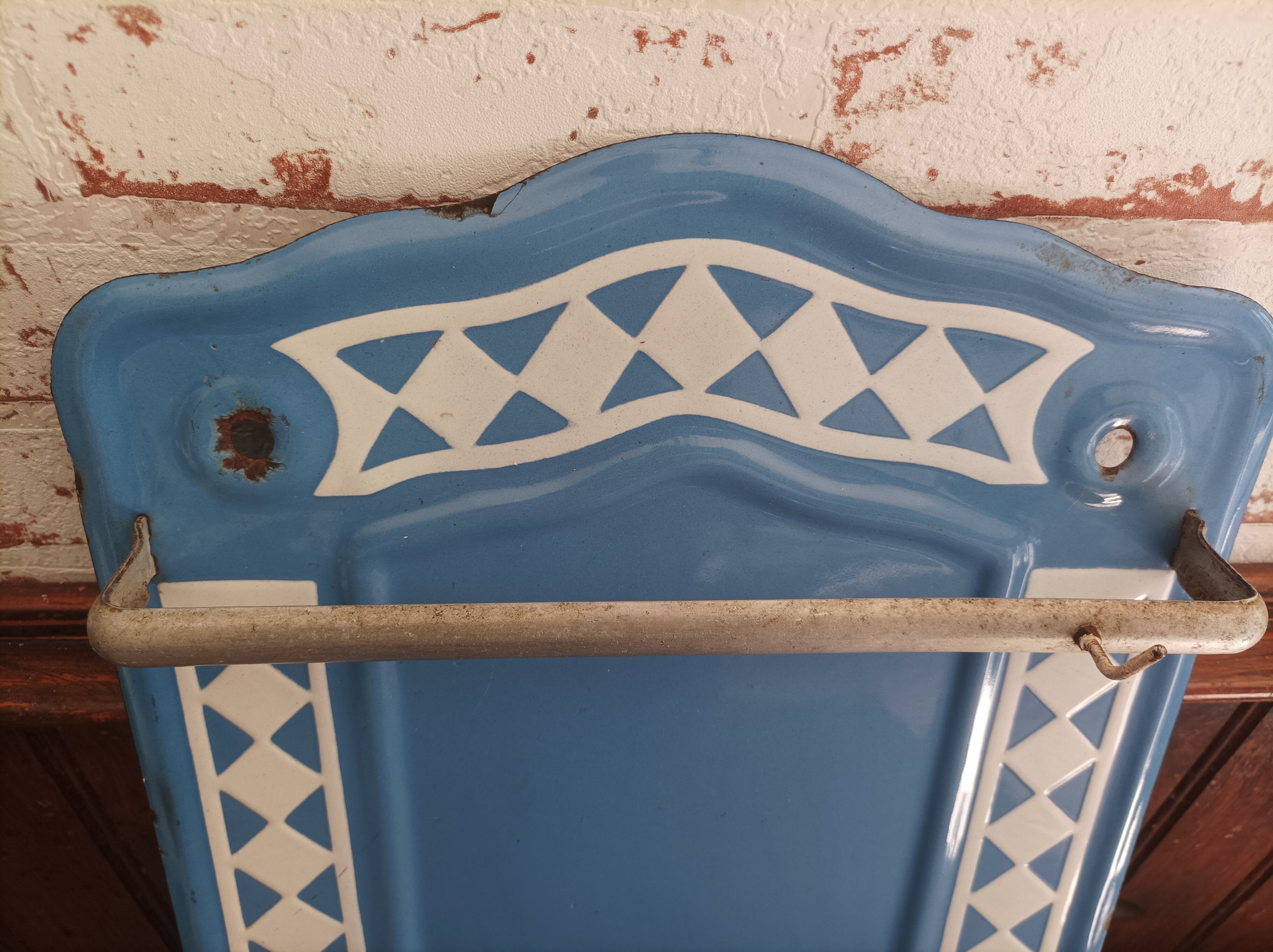 Old door kitchen utensils blue enamelled sheet metal