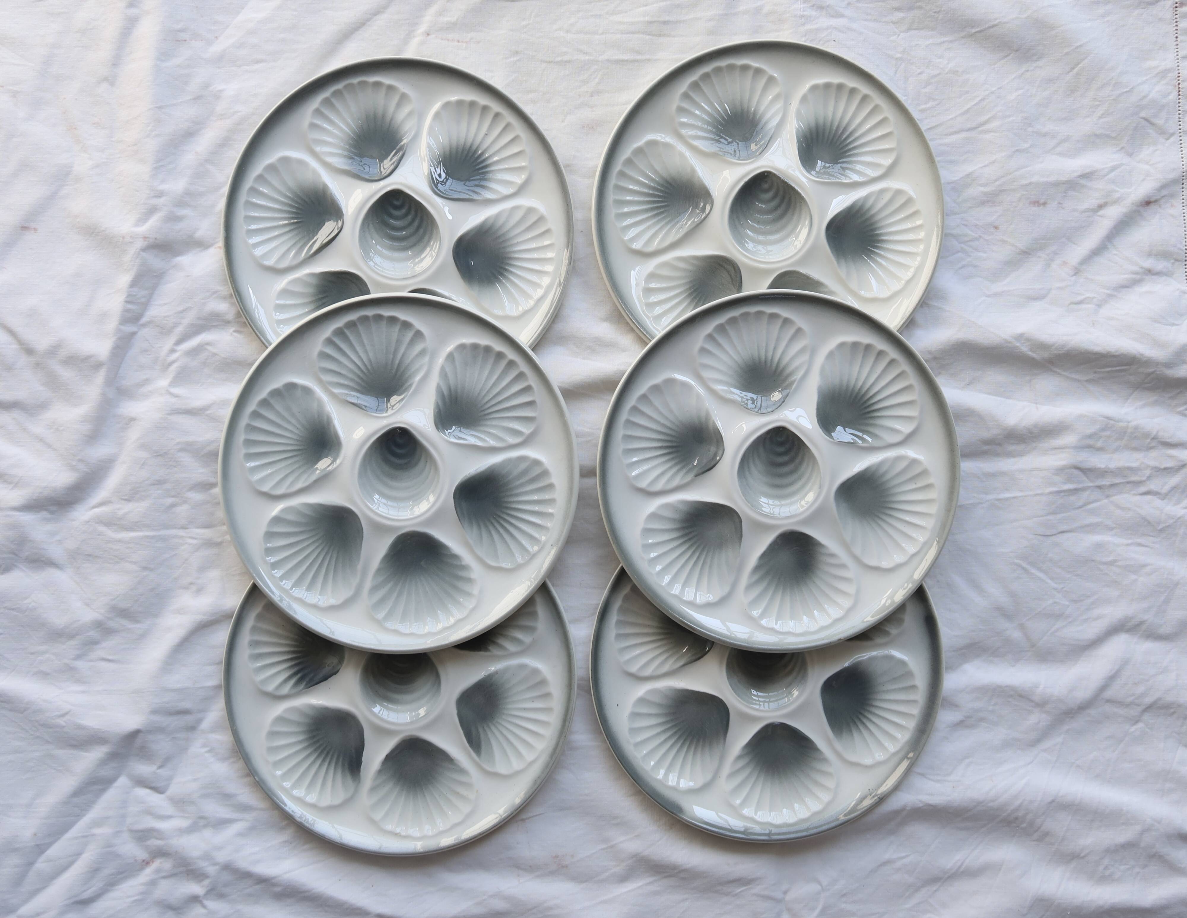 6 vintage Moulin des Loups earthenware oyster plates in shades of blue and grey