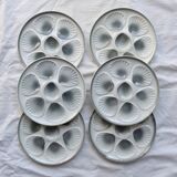 6 vintage Moulin des Loups earthenware oyster plates in shades of blue and grey