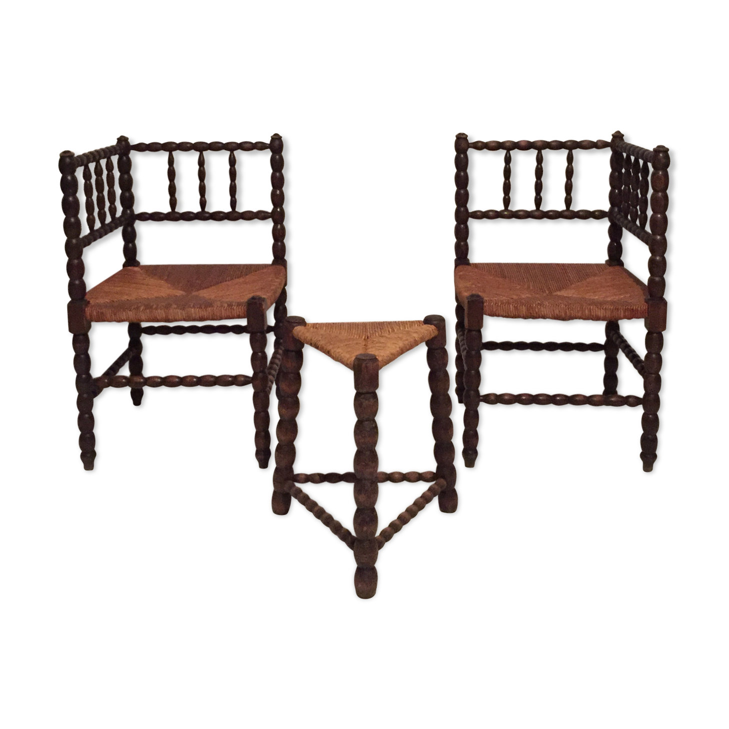 French armchair chairs and tripod stool