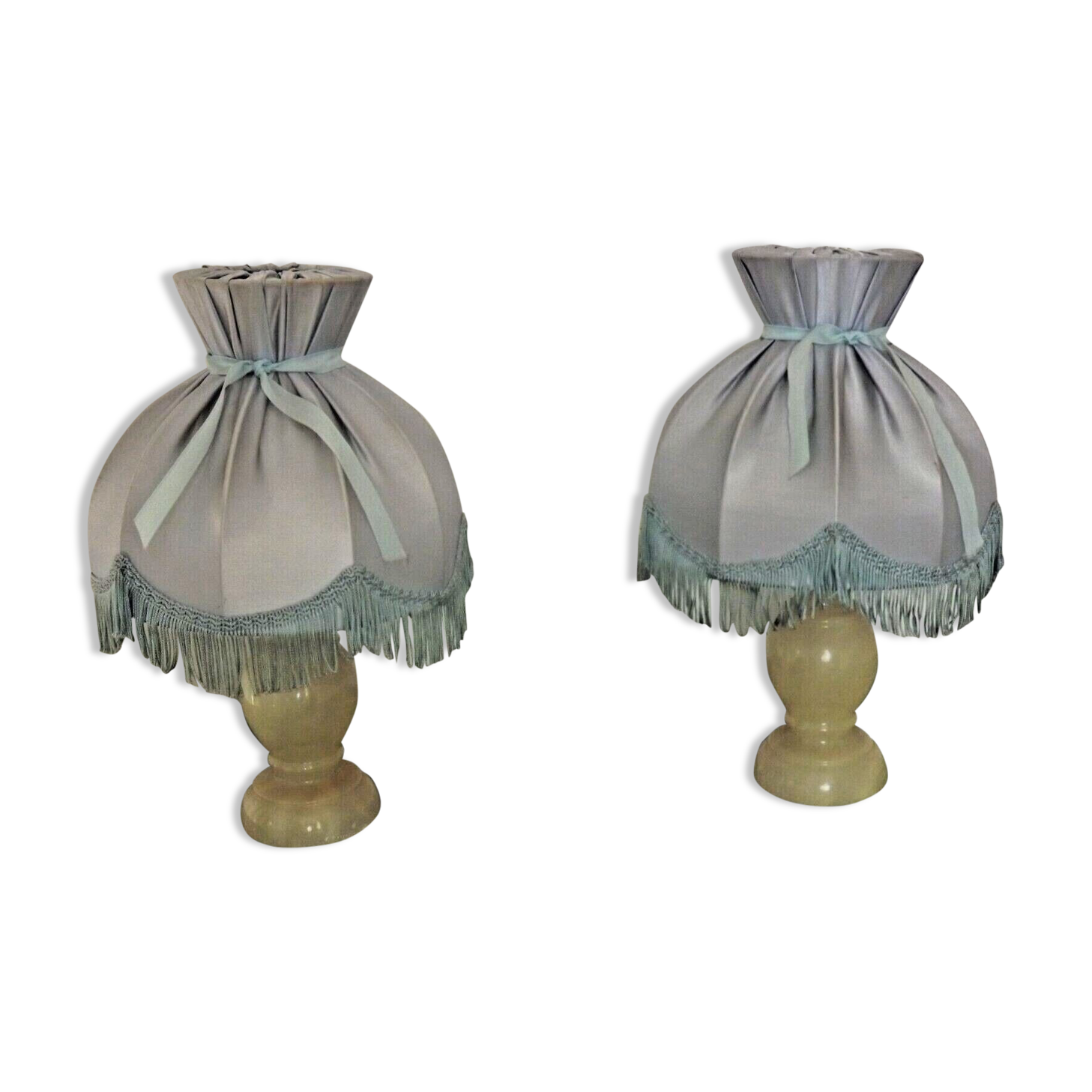 Pair of marble bedside lamps with blue satin fringed shades