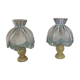 Pair of marble bedside lamps with blue satin fringed shades