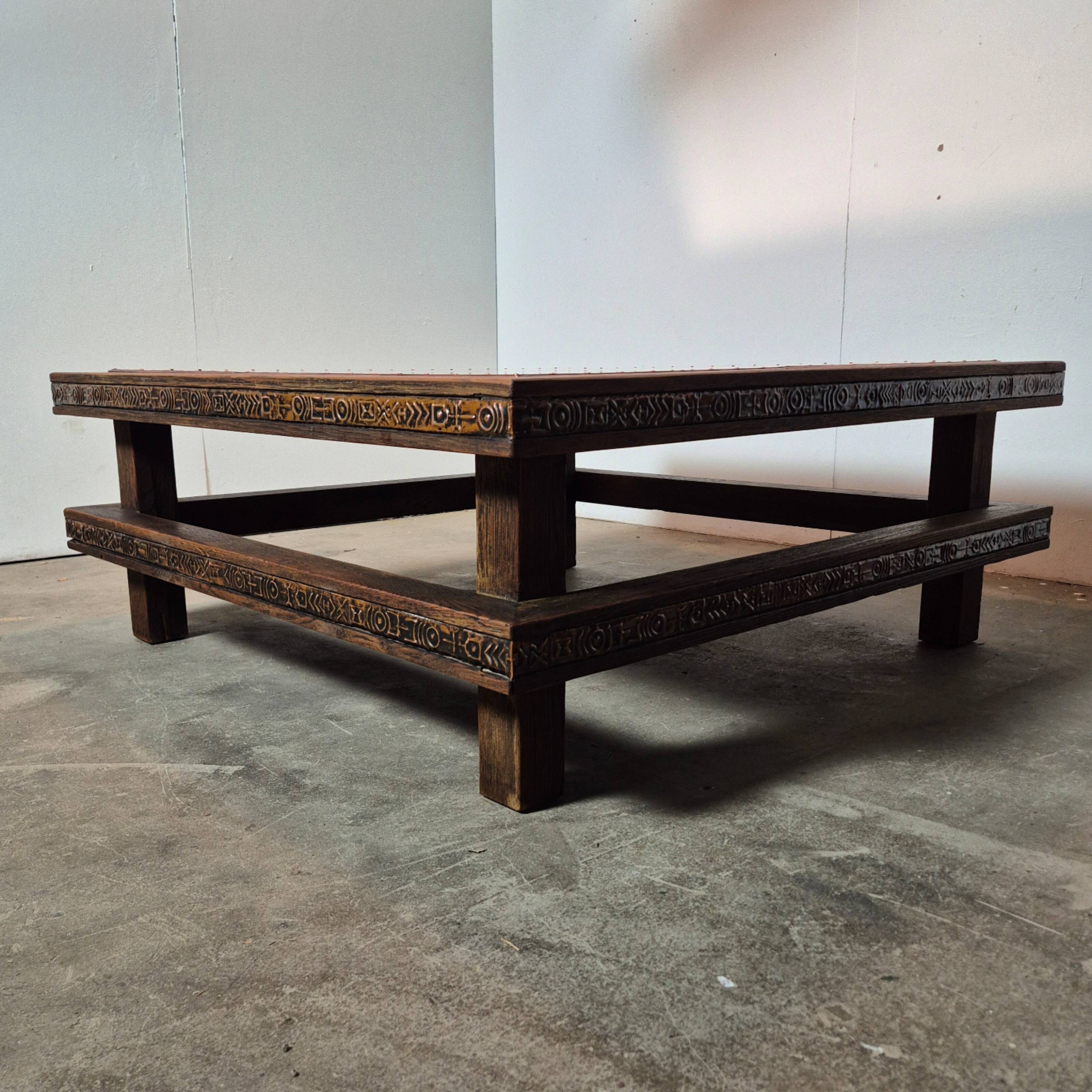 Brutalist oak square coffee table with copper top, Netherlands 1950s