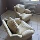 Pair of vintage bergère armchairs in striped ecru and beige fabric.