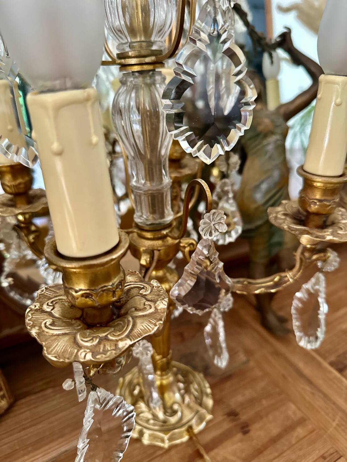 Girandole candelabra lamp in crystal and bronze