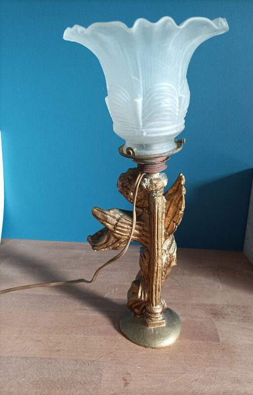 Bedside lamp Angel tulip glass base patinated golden resin
