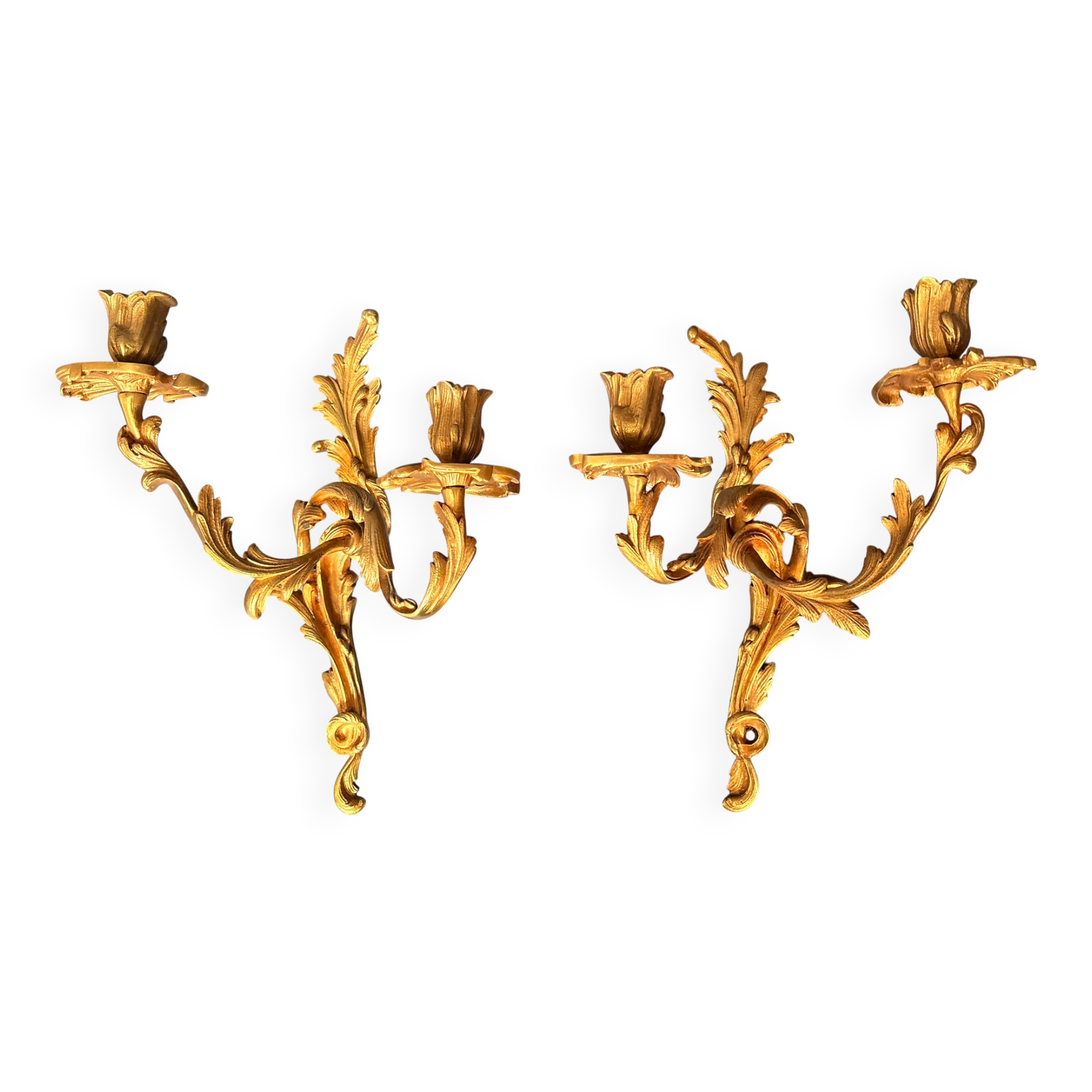 Antique Pair of Wall Sconces Candle Holders Louis XV Rococo Gilt Bronze