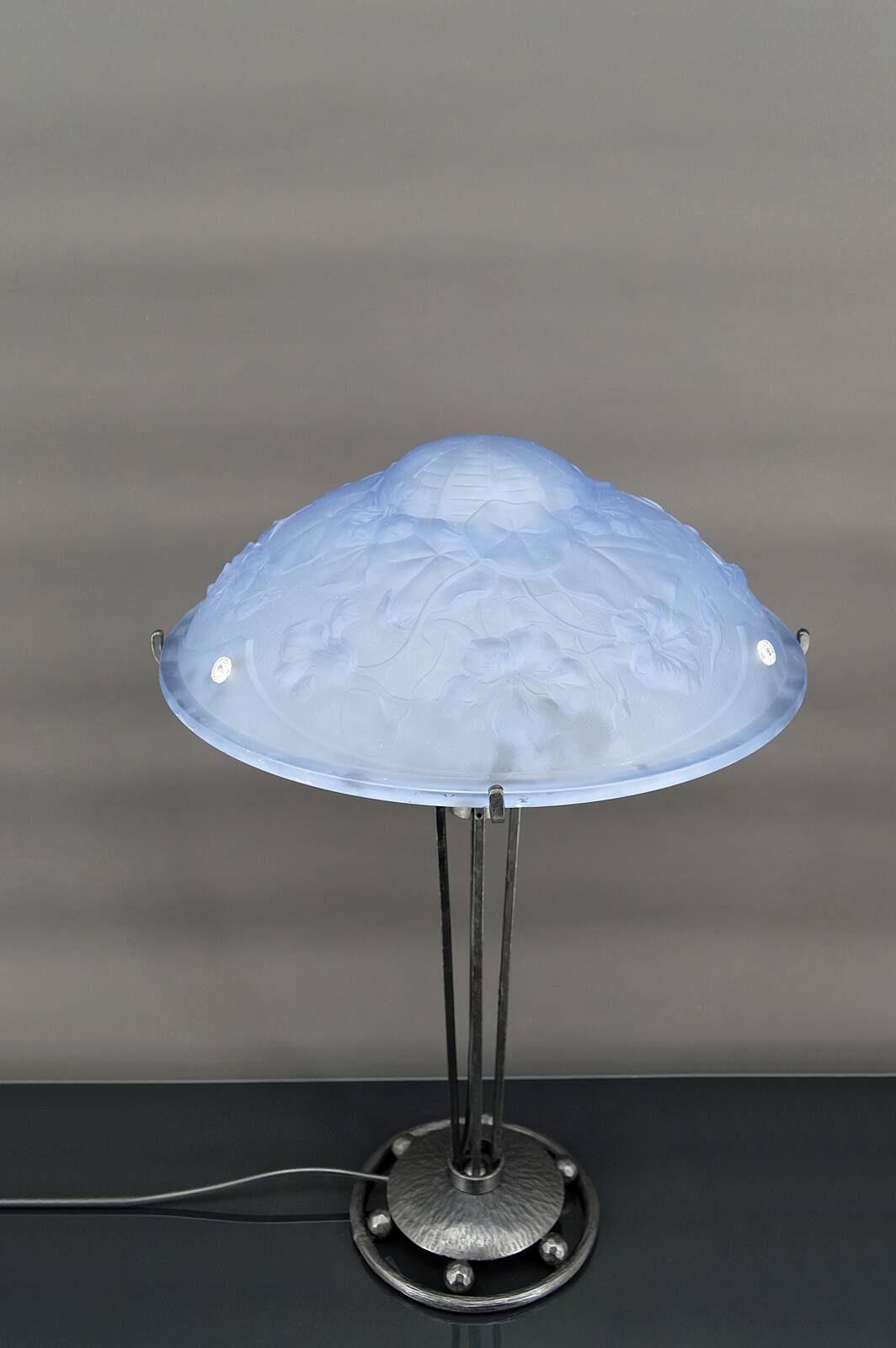 Wrought iron lamp and blue glass lampshade with clematis, France, Art Deco, circa 1920