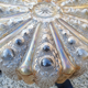 Pair of round bubble ceiling lights, amber and iridescent, wrought iron structure, vintage 50s