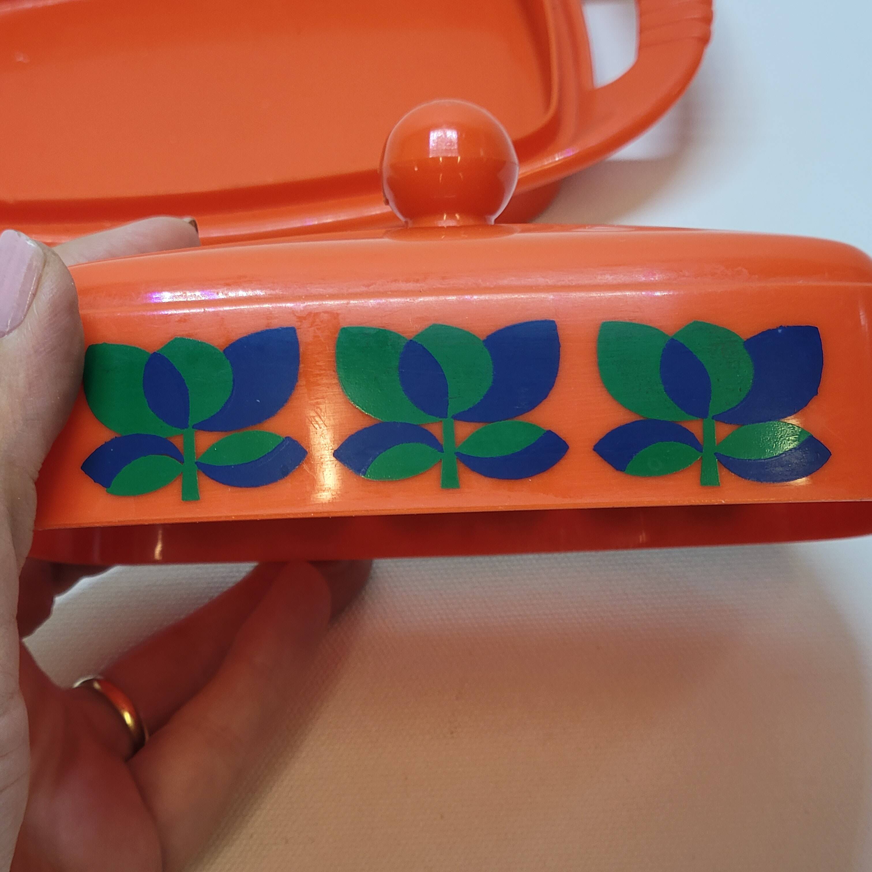 Emsa butter dish in orange plastic and vintage flowers 1970s