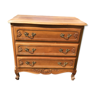 Commode vintage néo louis xv en noyer massif à 3 tiroirs