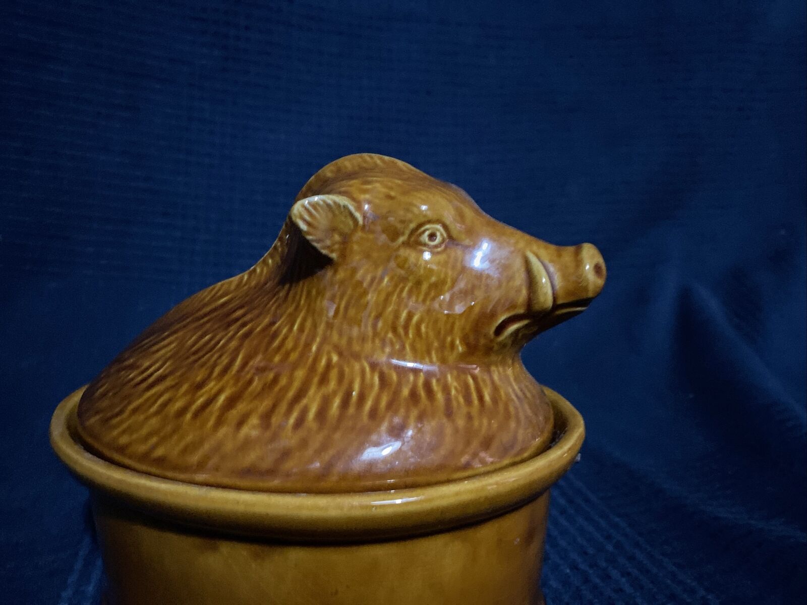 Ceramic terrine dish decorated with vintage wild boar hunting