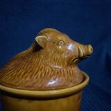 Ceramic terrine dish decorated with vintage wild boar hunting