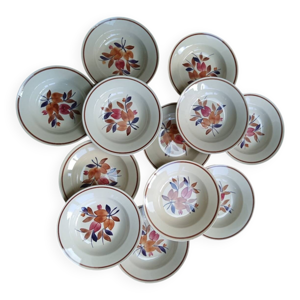Lot de 12 assiettes creuses vintage motif bordeaux caramel