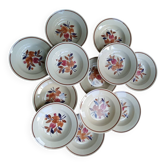 Set of 12 vintage deep plates with a burgundy caramel pattern.