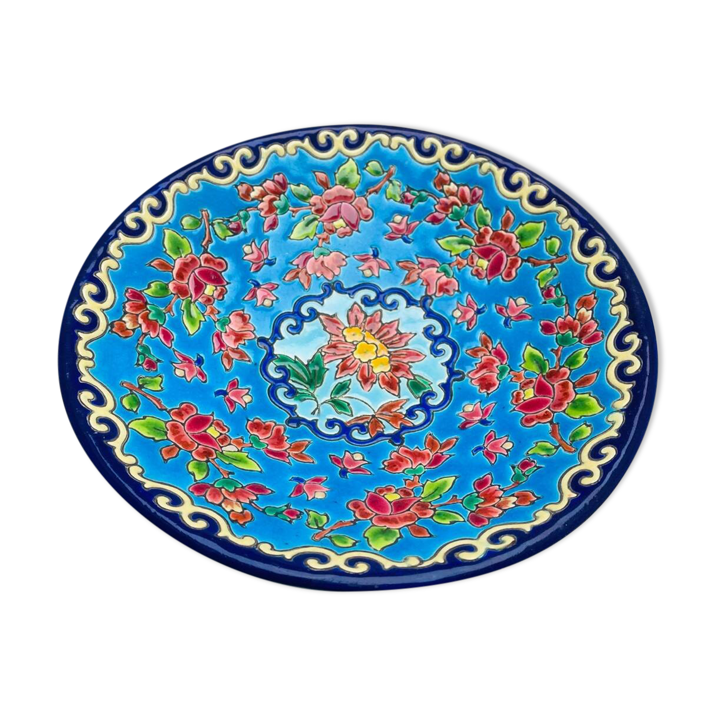 Tripod cup in Longwy enamels hand-enhanced by Denise Masson