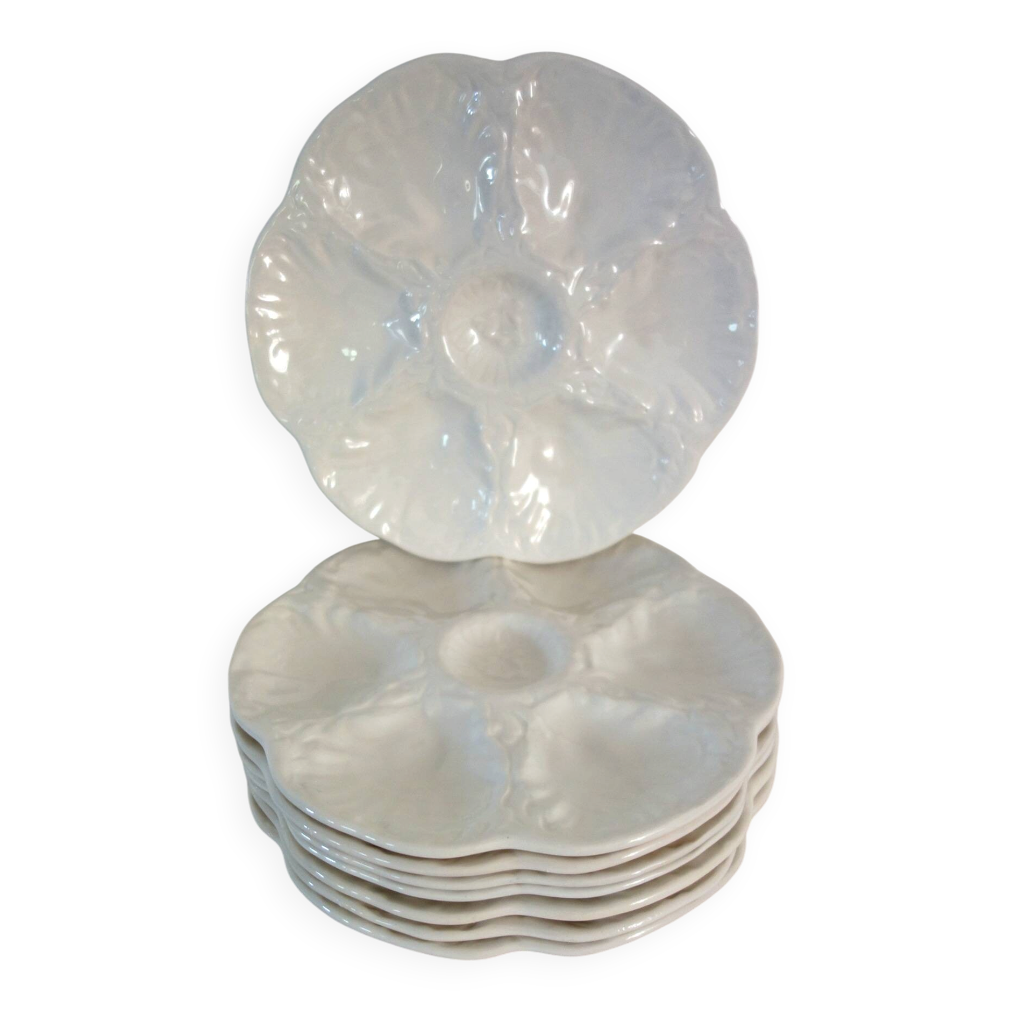 8 vintage Gien ceramic barbotine oyster plates