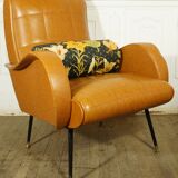 Italian armchair imitation leather camel & its cushion 1960