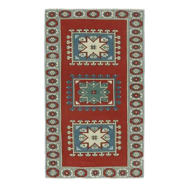 Vintage Turkish Hand-Knotted Wool Cotton Red Runner 110x193