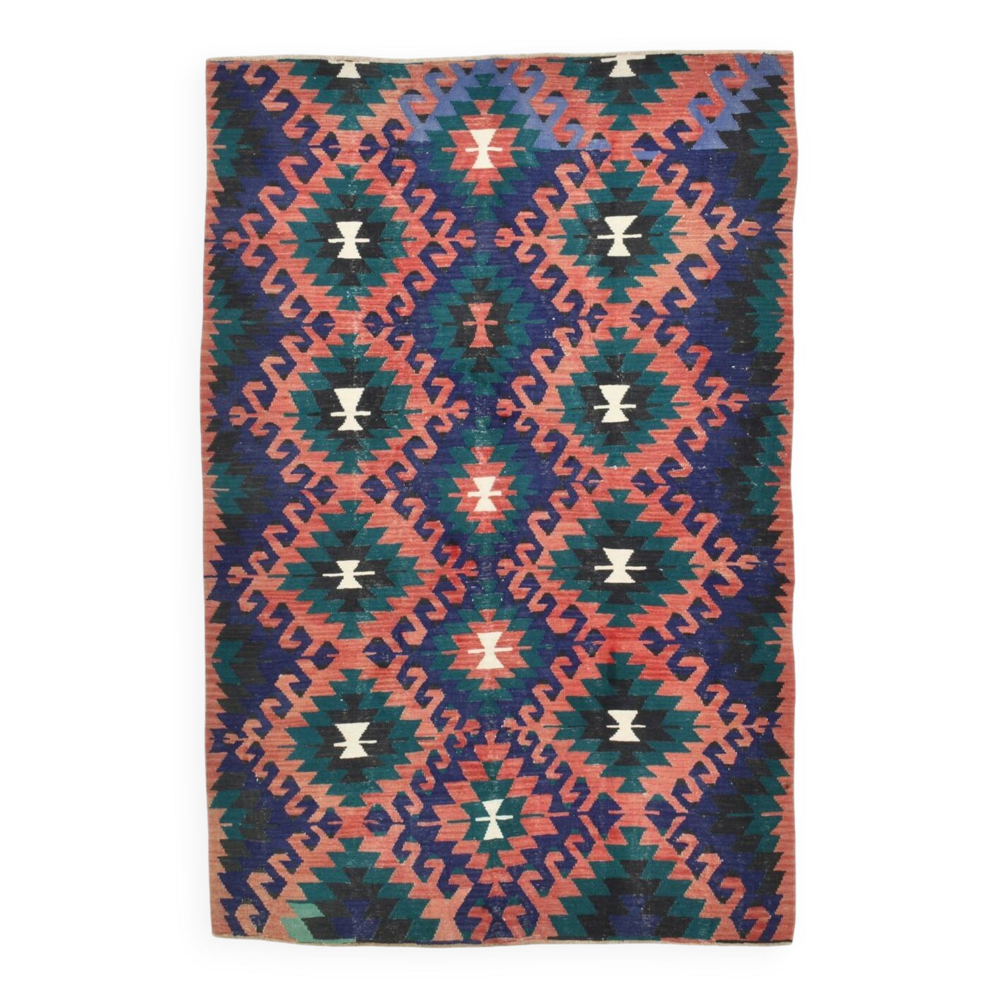 5x8 Blue & Red Geometric Style Vintage Kilim Rug, 158x238Cm