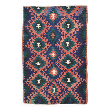 Tapis Kilim vintage géométrique bleu et rouge 5x8, 158x238 cm