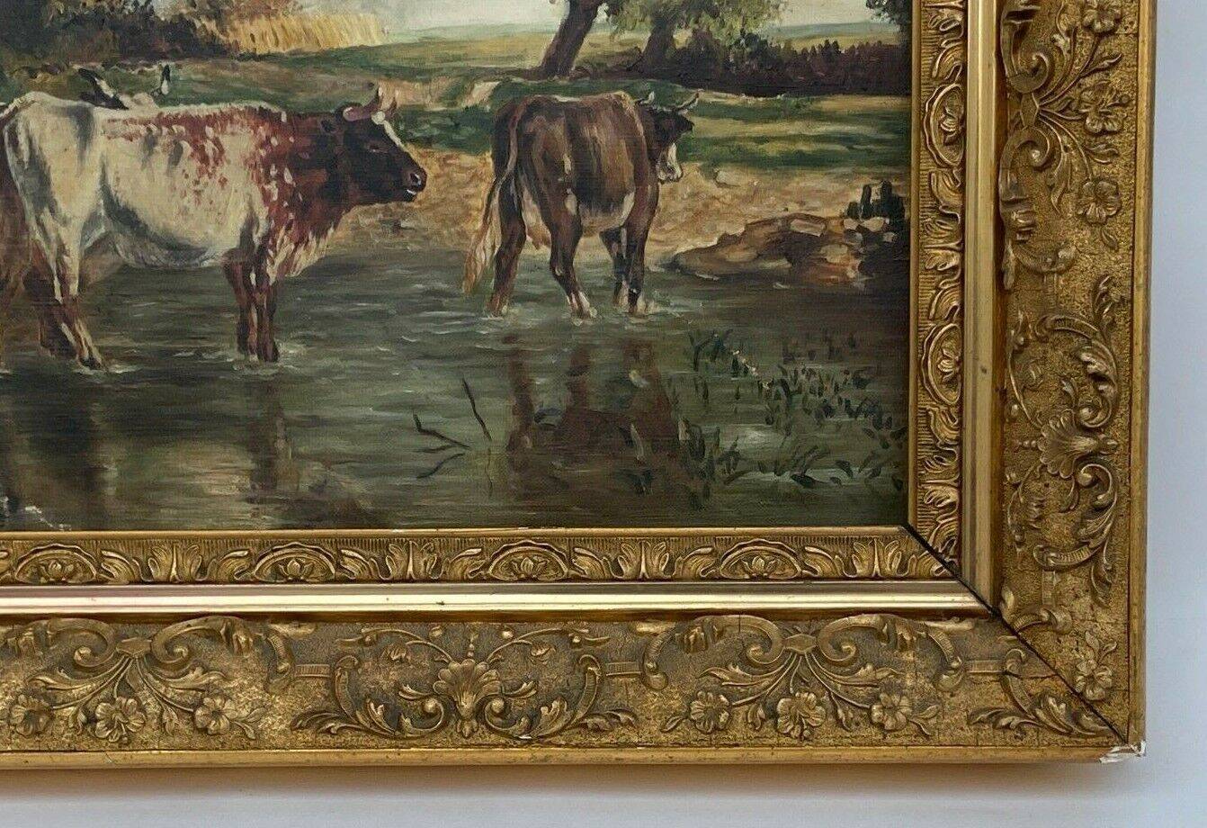 Oil by Lhopin or Hopin signature to identify woman cows Barbizon late 19th century