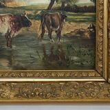 Oil by Lhopin or Hopin signature to identify woman cows Barbizon late 19th century