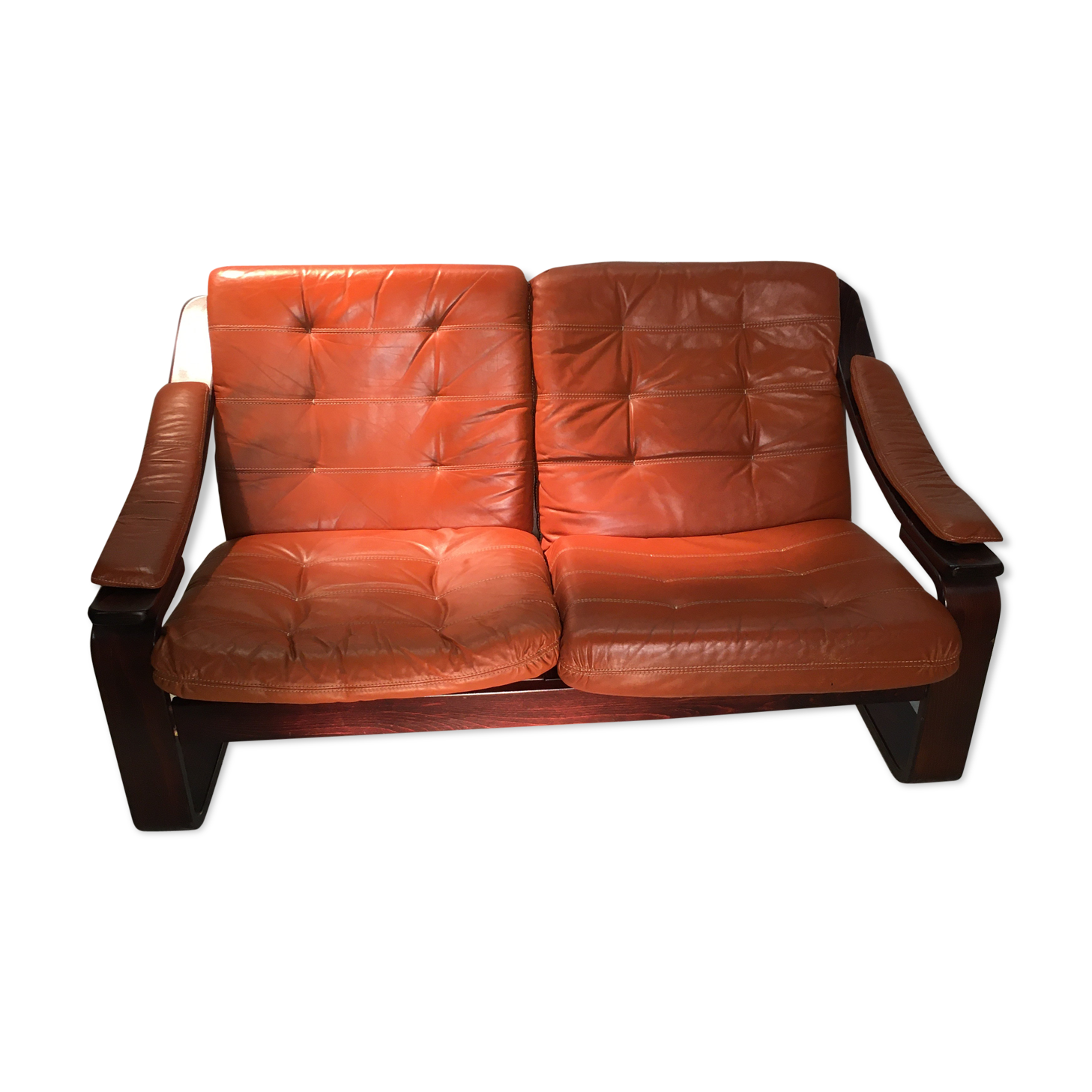 Wooden and ochre leather sofa