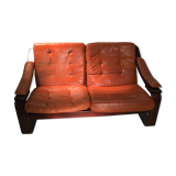 Wooden and ochre leather sofa