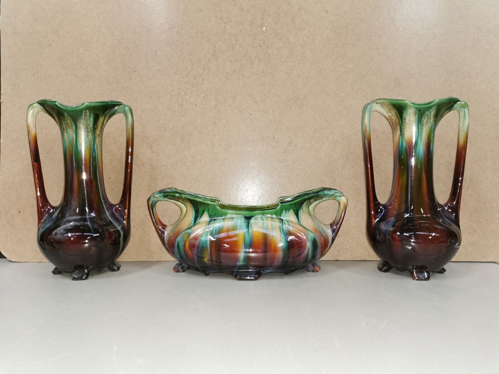 Pair of Vases + Art Nouveau Planter Slip / Faience BELGIUM