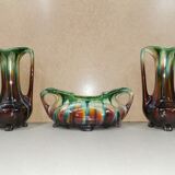 Pair of Vases + Art Nouveau Planter Slip / Faience BELGIUM