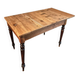 Vintage French pine table with extendable side, circa 1930, suitable for kitchen or office use.