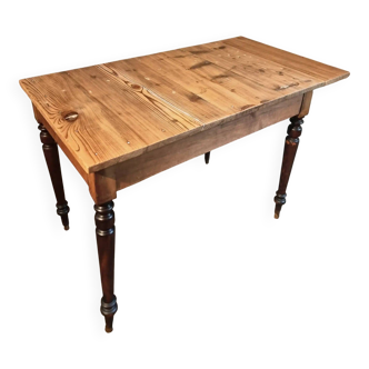 Vintage French pine table with extendable side, circa 1930, suitable for kitchen or office use.