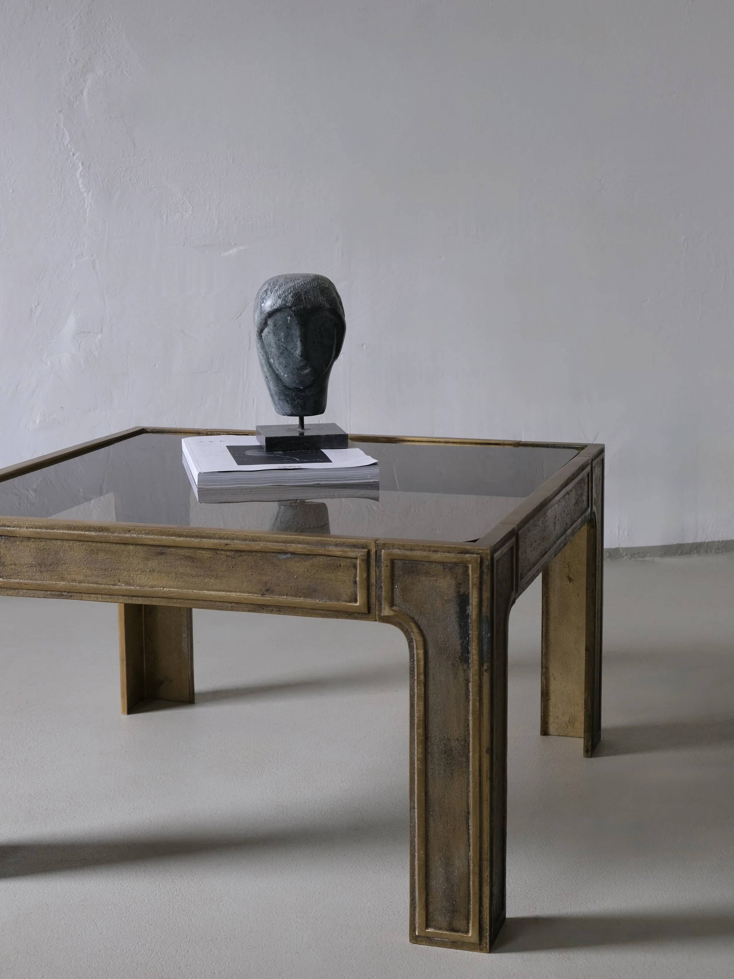 Brutalist bronze and glass square coffee table | 1970s