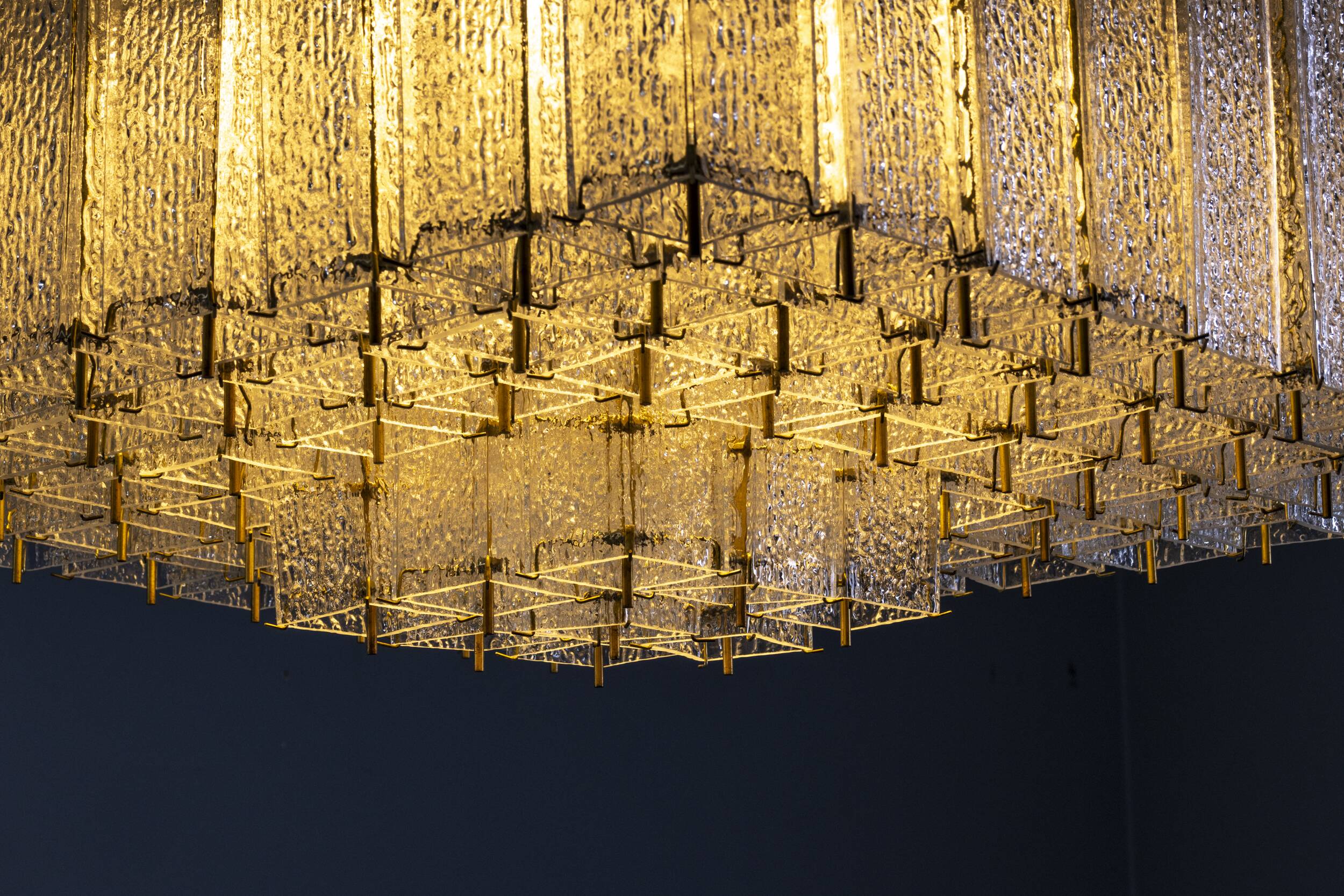 Bohemian flush-mount light in textured glass & brass, 1960s