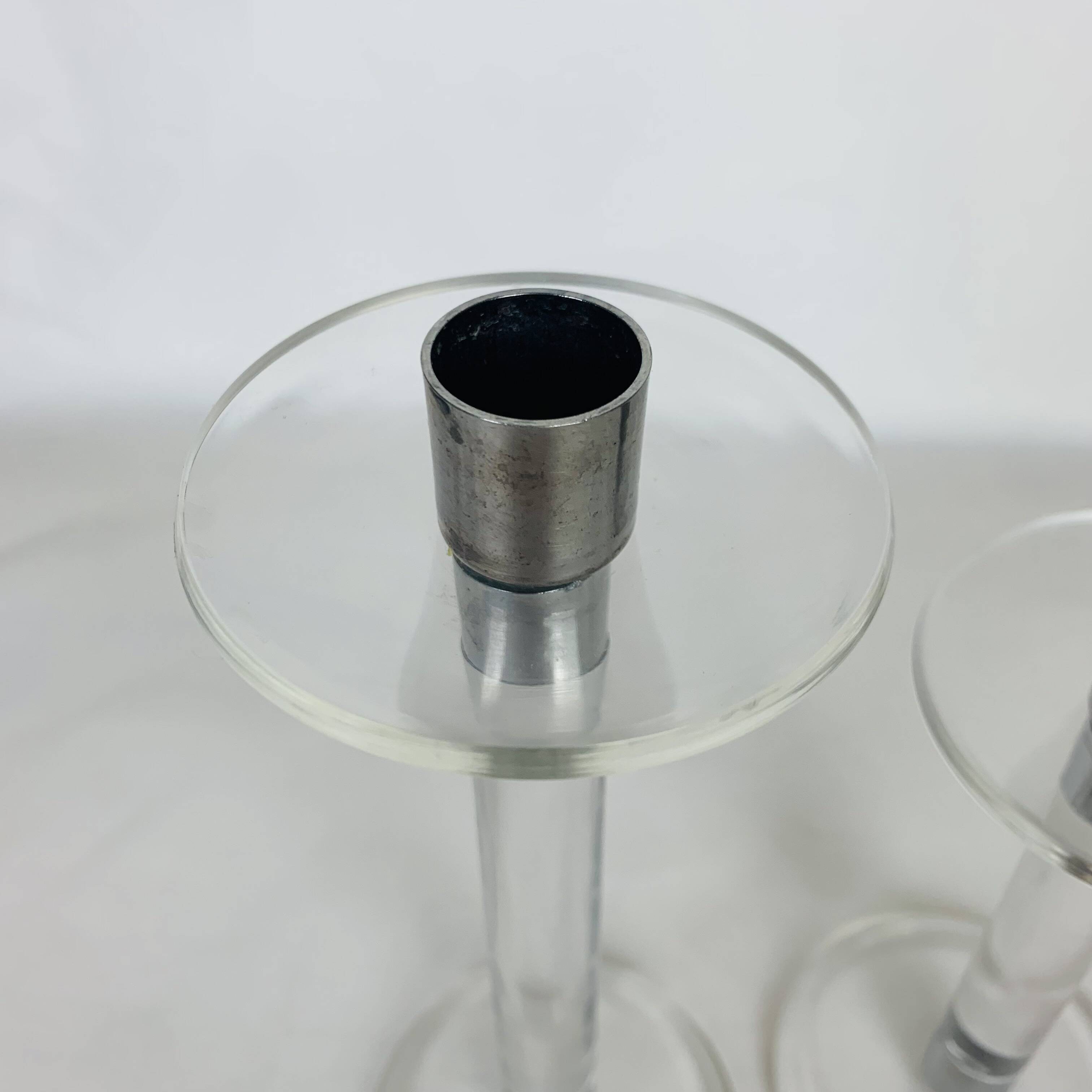Pair of vintage plexiglass and chrome metal candlesticks