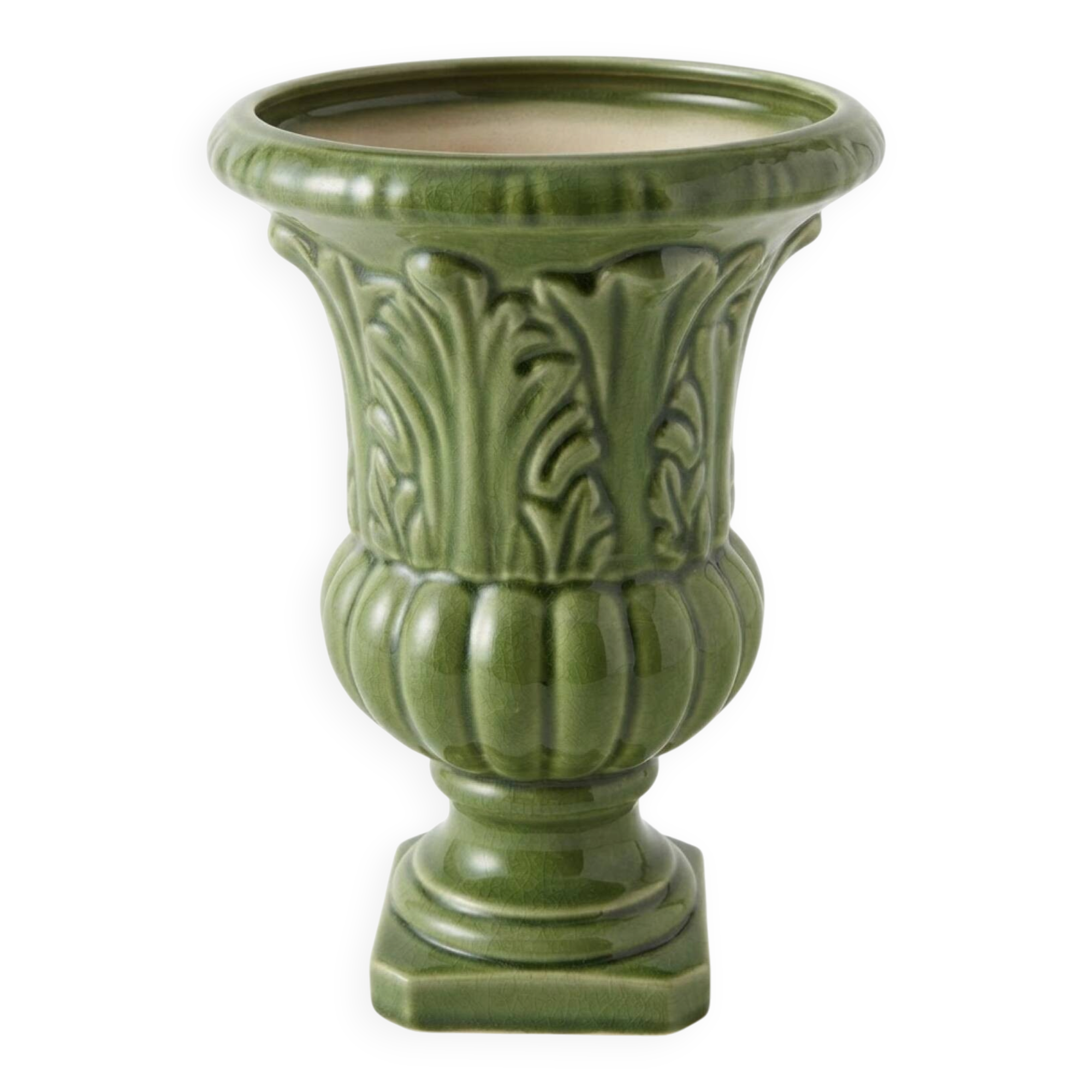 Vase Médicis, cache-pot vintage en céramique vert olive