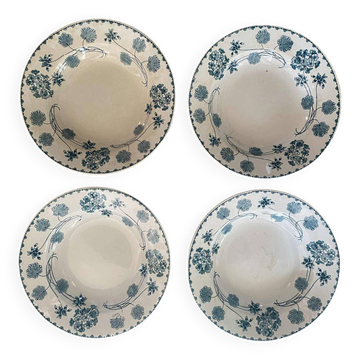 Assiettes creuses Sarreguemines modele géranium en bleu 1900.