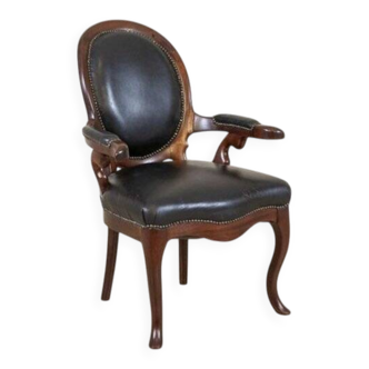 Late 19th Century Mahogany Armchair in Black Leather, 1890s
