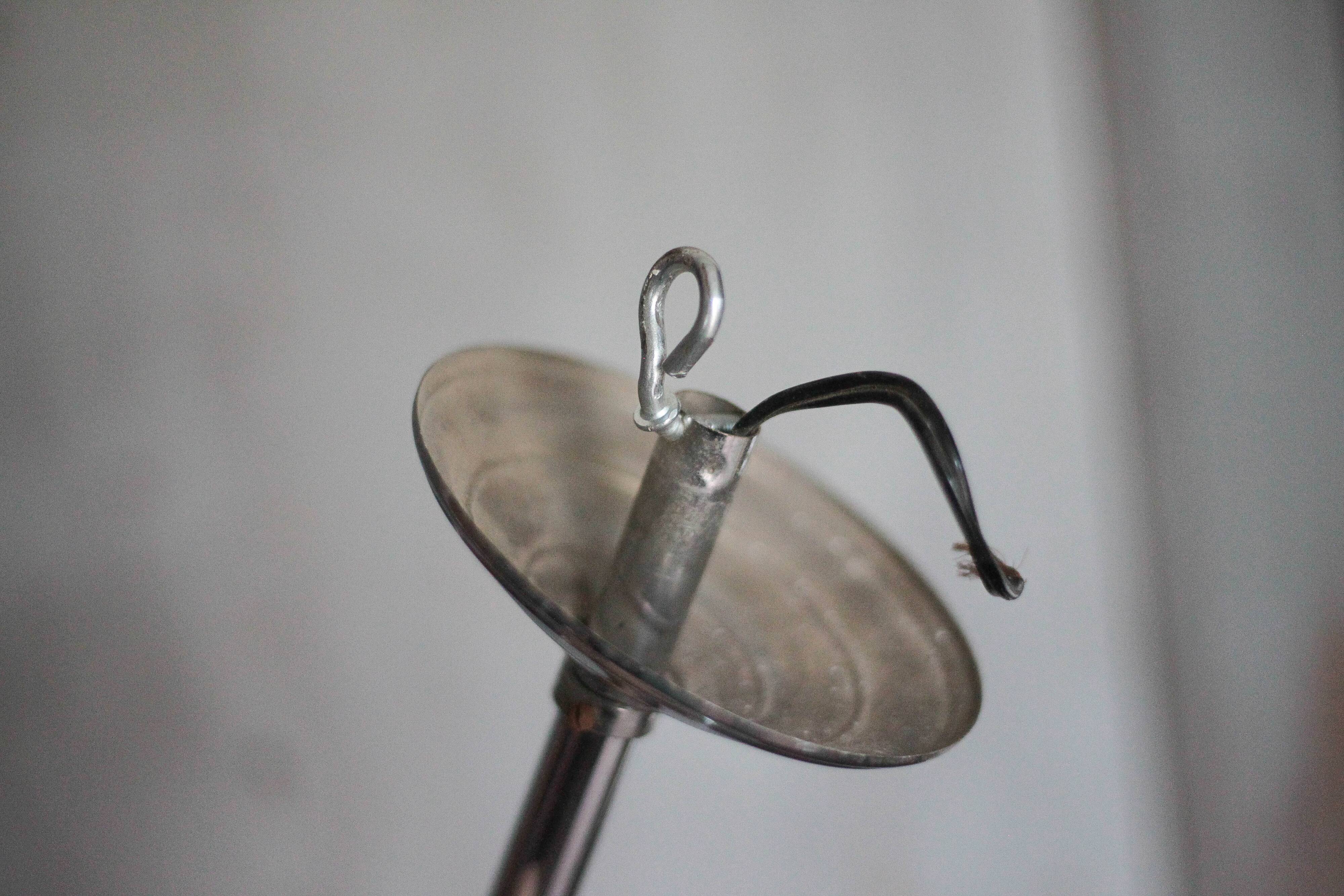 Art Deco pendant light, chrome metal suspension and glass globe, ceiling lamp.