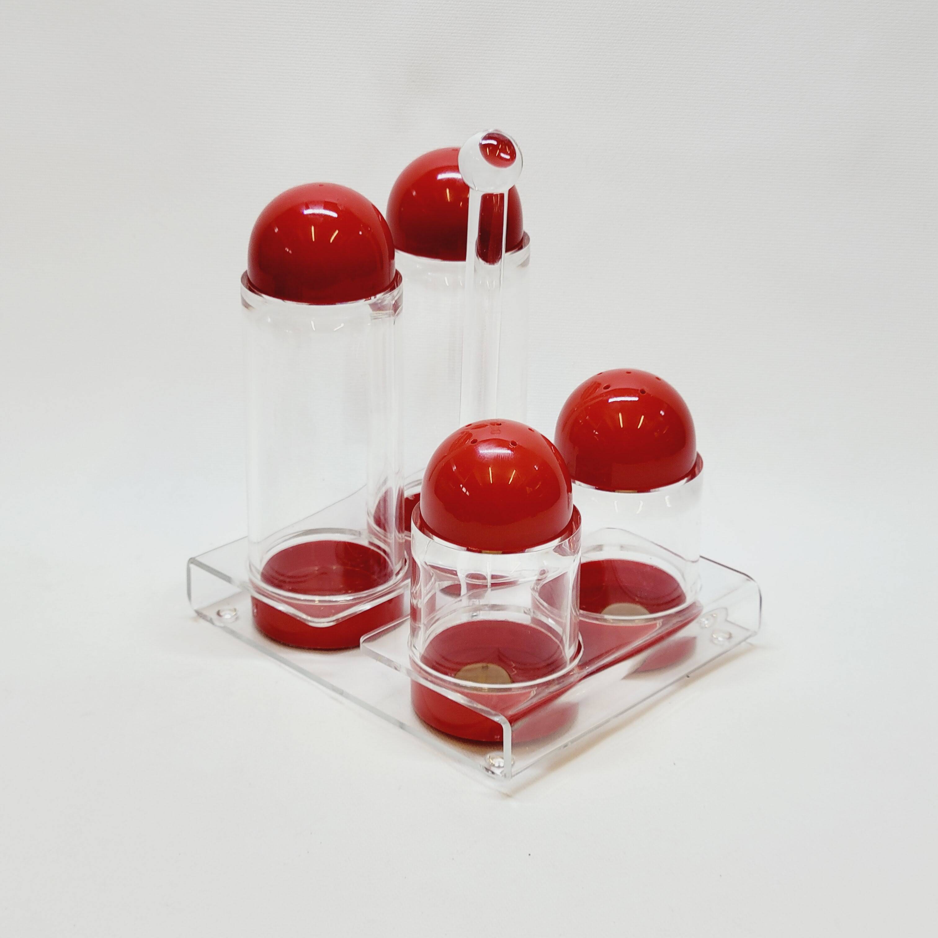 Condiment service oil vinegar salt pepper vintage plexi and red plastic