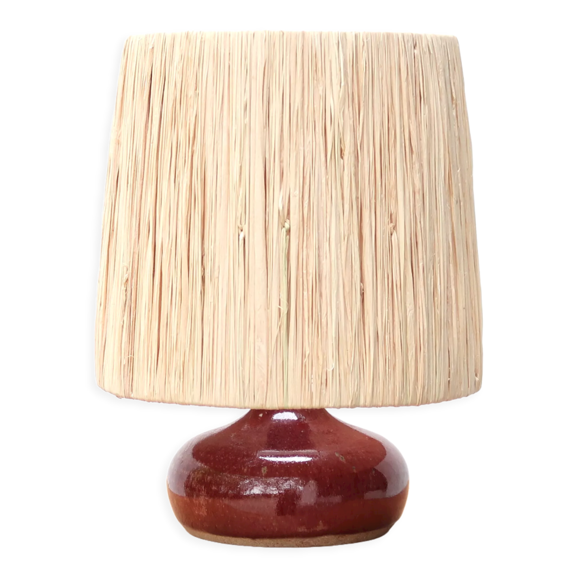 Pink ceramic lamp, raffia lampshade, 70s